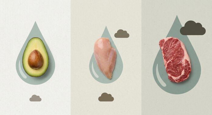 Editorial-style flat lay illustration comparing three foods on a clean, minimalist background split into three sections: a ripe avocado half, raw chicken breast, and a cut of raw beef, each resting on a stylized water droplet and a small carbon cloud icon of varying sizes to represent different environmental impact levels. The beef section shows a large dark cloud and oversized water droplet, the chicken a medium-sized cloud and droplet, and the avocado a small cloud with a large water droplet beneath it. Soft natural lighting, muted earthy color palette of greens, browns, and soft grays, subtle textures resembling recycled paper background, conveying an eco-conscious, sustainable food theme. Clean modern infographic-inspired composition, high detail, no text or numbers visible, photorealistic rendering with a touch of illustrative simplicity.